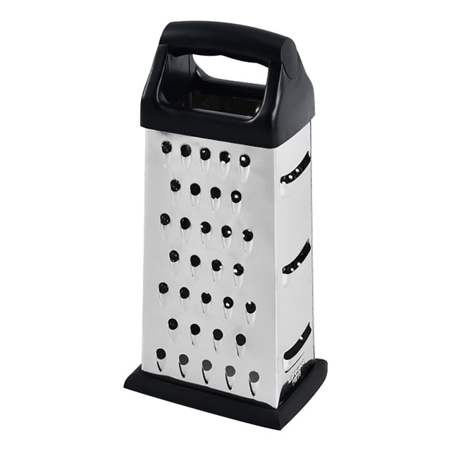 Wzzjkit Cheese Grater Stainless Steel Four-sided Grater with a black handle and base. This multi-function grater features four sides for grating, shredding, and chopping various ingredients like cheese, vegetables, garlic, nutmeg, and chocolate. Made of durable stainless steel, it is rust-resistant and easy to clean.