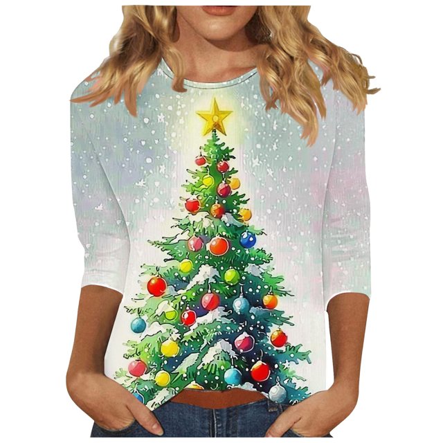 Lcziwo Women's 3/4 Sleeve T Shirts Round Neck Christmas Holiday Tops Xmas Giltter Tree Print Loose Blouses 2025 Fal Fashion Casual Tees White,XXXL