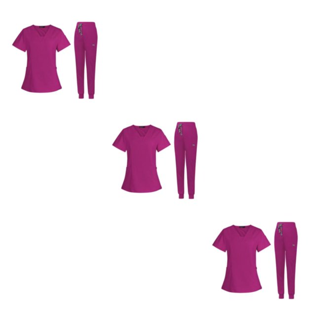 maskred Ensemble de Sarrau pour Femmes Infirmière Col en V Lavable à la Machine Manches Courtes Tenue Confortable Rose Rouge P Ensemble de 3