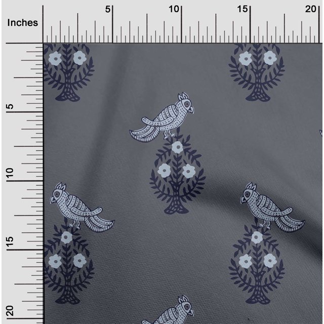 oneOone Cotton Poplin Fabric Leaves|Bird & Floral Block Print Fabric BTY 56 Inch Wide
