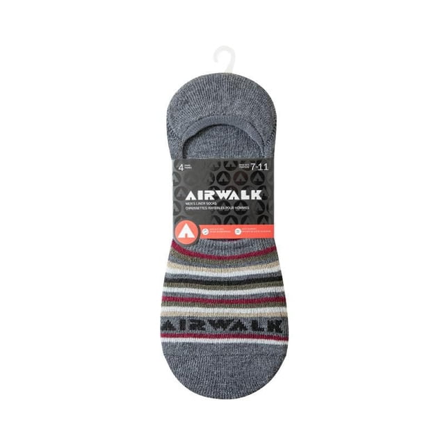 Airwalk Mens 4pk Shoe liner in grey with multicolored horizontal stripes including red, black, and beige, low-cut ankle socks made from a polyester-spandex blend, sized for men's shoes 7-11, featuring the Airwalk logo on the toe and packaged with a branded black and red label.