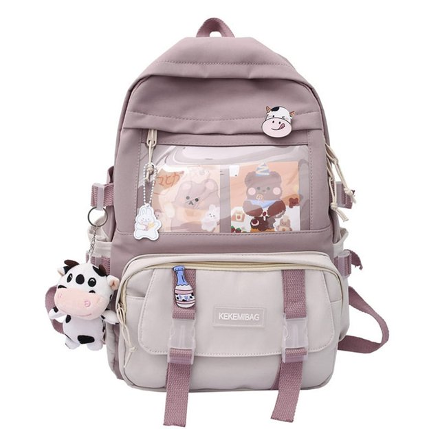 Women Cute Hit Color Backpack Student Canvas Knapsack with Pendant (Blue)