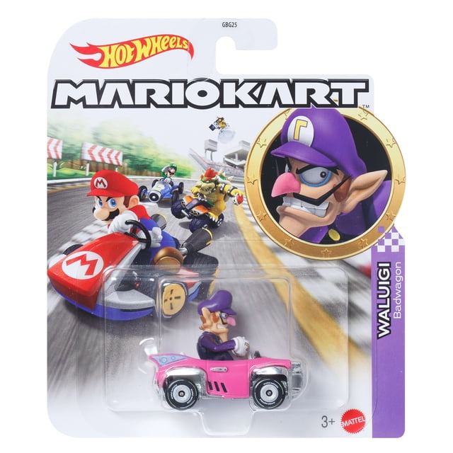 Hot Wheels Waluigi Badwagon Vehicle 1:64 scale die-cast pink Mario Kart toy car with Waluigi figure seated, in Mario Kart packaging featuring racing track background and character artwork, ideal for Hot Wheels track racing.