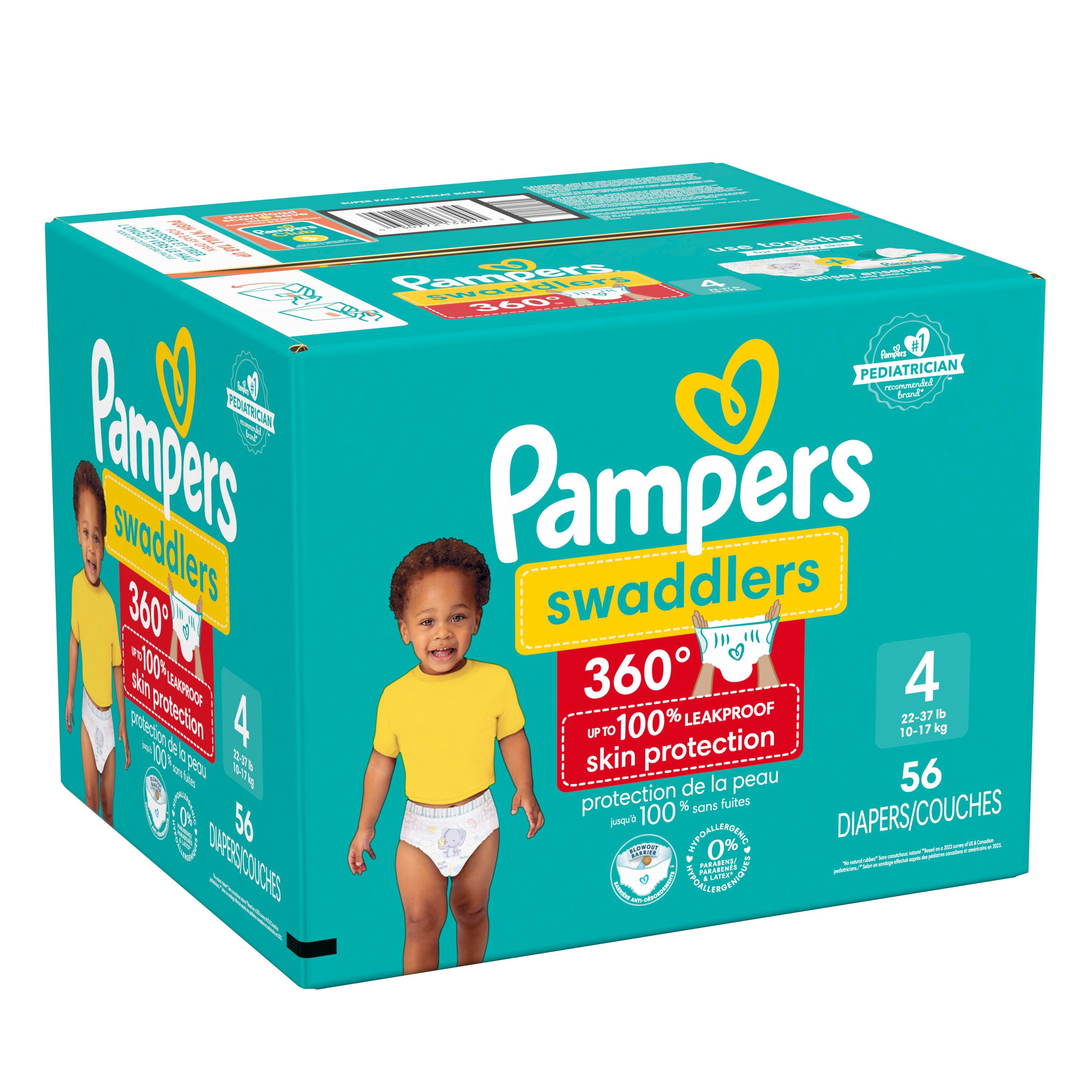 Pampers Couches - Swaddlers 360° - Taille 4, jusqu'à 100 % Anti-Fuites, Coupe Confortable et Sèche, Languettes Faciles à Enlever pour un Change Facile, Couche à Enfiler