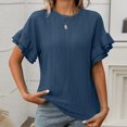 thumbnail image 2 of JIRNDf Hauts pour Femmes T-Shirts d'Été Tendance Couleur Unie Col Rond Manches Courtes à Volants Blouse pour Femmes Tunique Décontractée Bleu Foncé L, 2 of 8