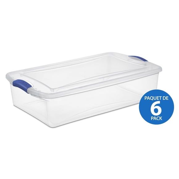 Sterilite 32 Liter Latch Box, Clear Plastic Storage Bin with Lid, Blue Latch - 6 Pk
