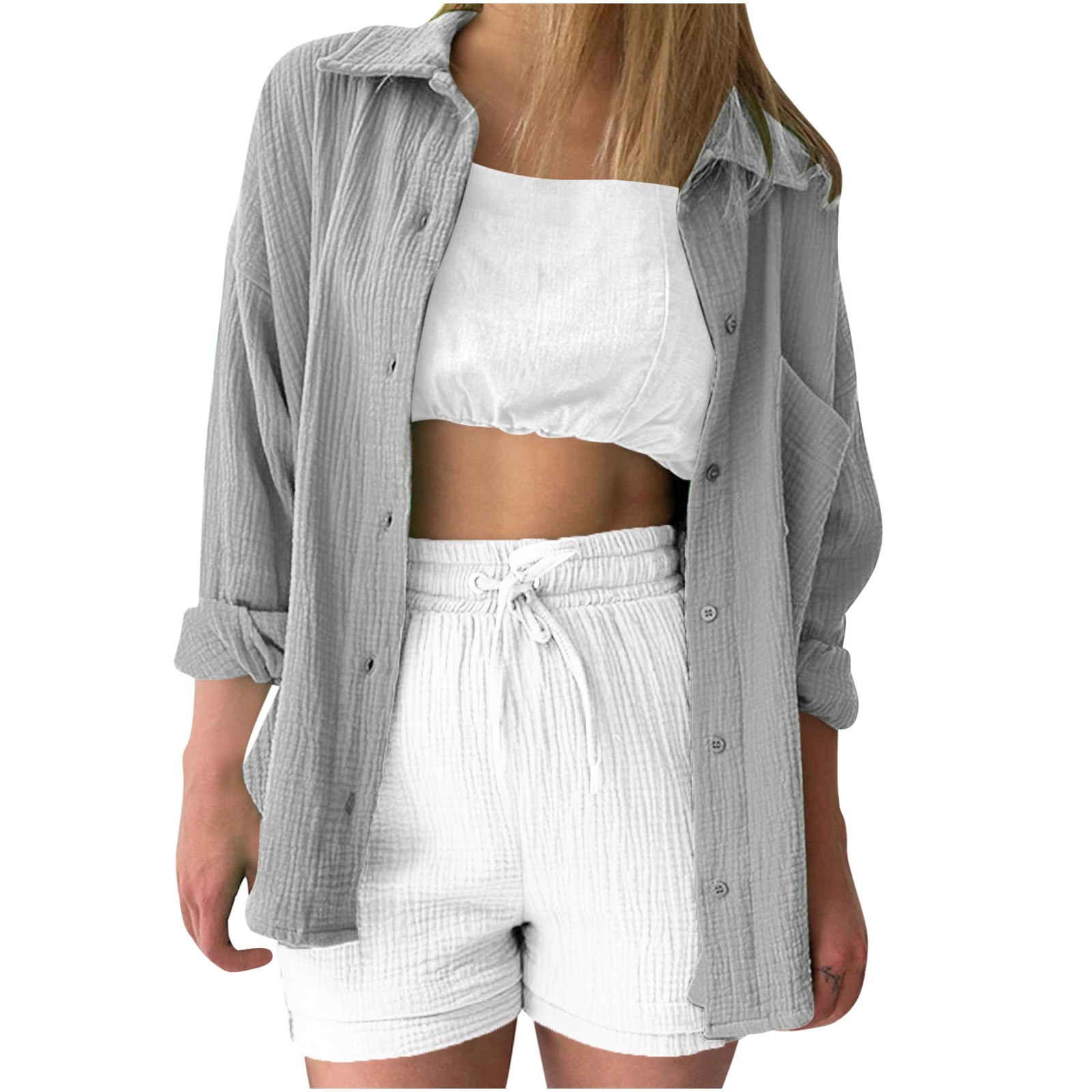 Timegard Tops for Women Lapel Neck Long Sleeve Button up Shirts Solid Color Fall Casual Loose Blouse