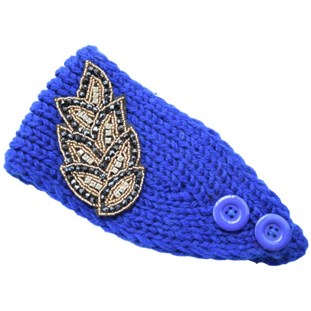 Crochet Headbands Winter Leaves Pattern with Rhinestones Elastic Head Protector Wide Warm Chunky Hair Accessories for Girls Dark Sky Blue