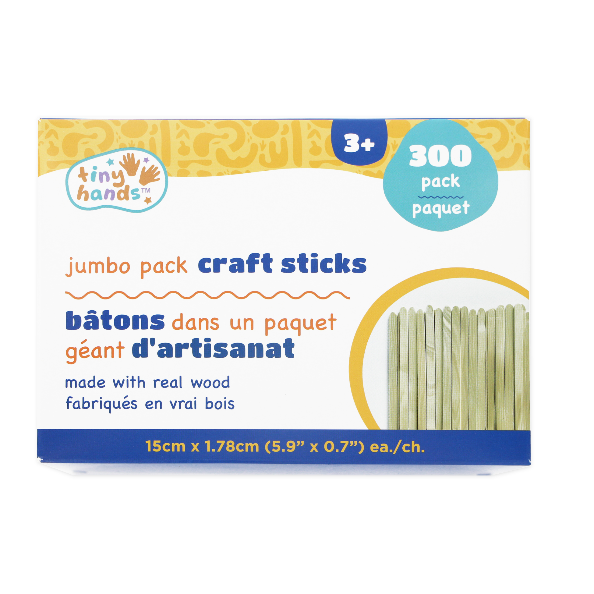 TINY HANDS Wooden Craft Sticks, Jumbo Pack, 300 pcs, 15 cm (5.9 in) × 1.8 cm (0.7 in) each, Age 3+, Kids