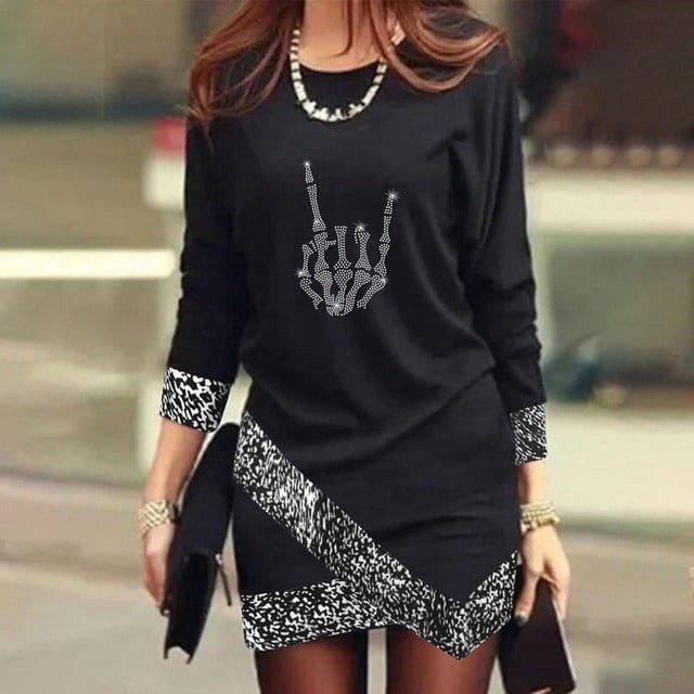 Printemps 2024 Robe Mini Mode Femme Imprimé Étoile Col Rond Manches Longues Asymétrique Élégante Simple Robe Femme Soirée Nouvelle Mode Urbaine