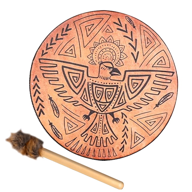 Tambour Chamanique Motif Oiseau Polyester Imitation Peau de Mouton Vintage Rond Instrument Tambour 25cm