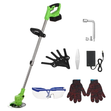 20V Cordless Electric Grass Trimmer with 90° Adjustable Head & Length, 3000mAh Lithium Battery, 1 Charger, 5 Plastic Blades, 1 Metal Blade, 1 Circular Saw Blade, , Gloves, Auxiliary Handle,