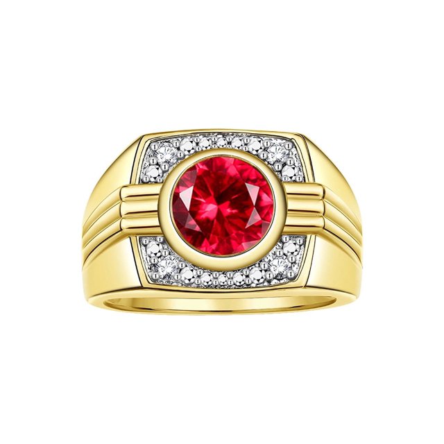 RYLOS Mens Rings Yellow Gold Plated Silver Designer Round Gemstone & Sparkling Diamond Ring Ruby July Birthstone Rings For Men, Men's Rings, Silver Rings, Sizes 8 - 13