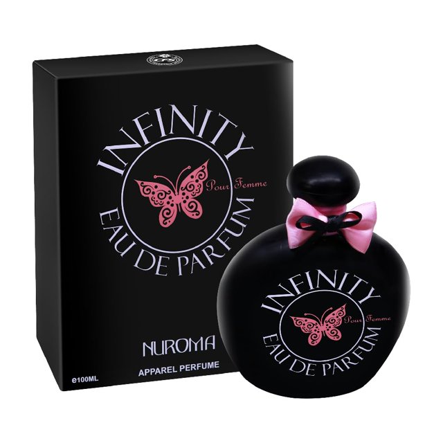 CFS CREATIVE FRAGRANCE SERIES Infinity Pour Femme EDP Spray For Women, 100ml. The image displays a black perfume bottle adorned with a pink bow and a butterfly design, paired with its black packaging featuring the same butterfly motif and 'Infinity Eau de Parfum' text. A sophisticated fragrance for women, perfect for personal use or as a gift.