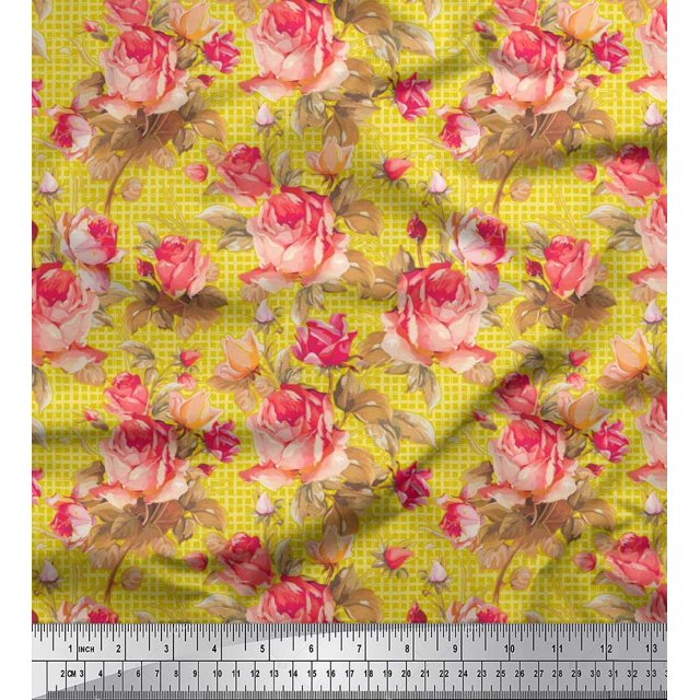 Soimoi Poly Georgette Fabric Check,Leaves & Rose Floral Print Sewing Fabric Yard 42 Inch Wide
