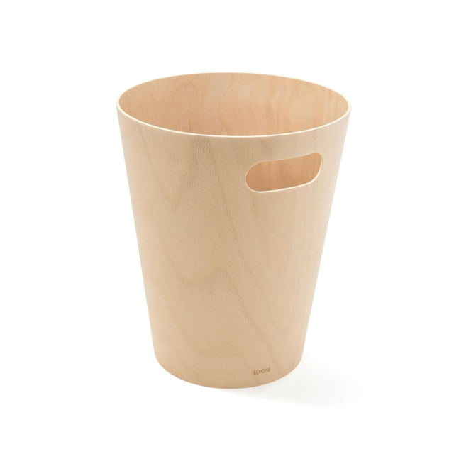 Umbra Woodrow Trash Can 2-Gallon (7.5 L) Capacity in natural wood finish, featuring a tapered cylindrical shape with integrated handles for easy transport and disposal, suitable for small space trash storage and organization.