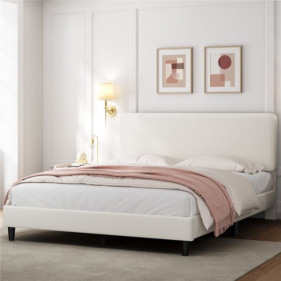 Yaheetech Upholstered Bed Frame with Adjustable Headboard and Wooden Slats, Queen, Beige
