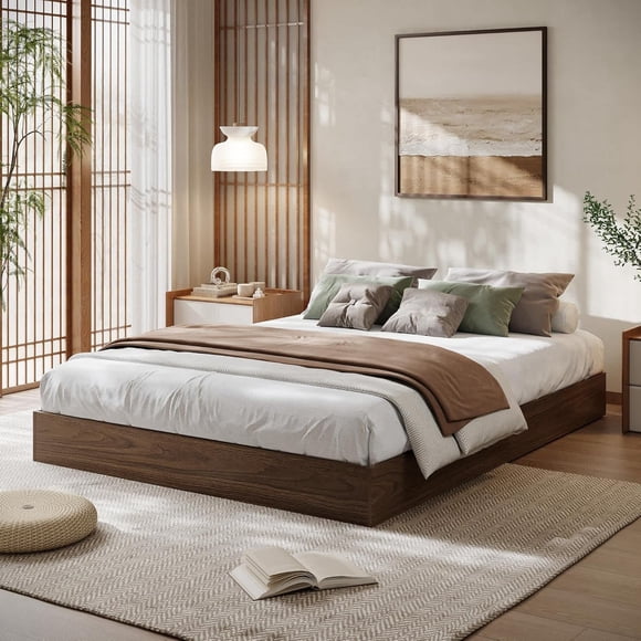 Ourlova Queen Size Wood Platform Bed Frame Wooden Bed Frame Without Headboard Wood Slat Support No Box Spring Needed Easy Assembly Walnut