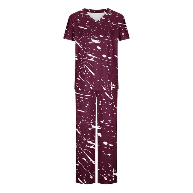 TIMIFIS Plus Size Scrub Set for Women Printed Summer V-Neck Scrub Top And Long Pants Nursing Uniform Jogger Suit Workwear with Pockets - Spring/Summer