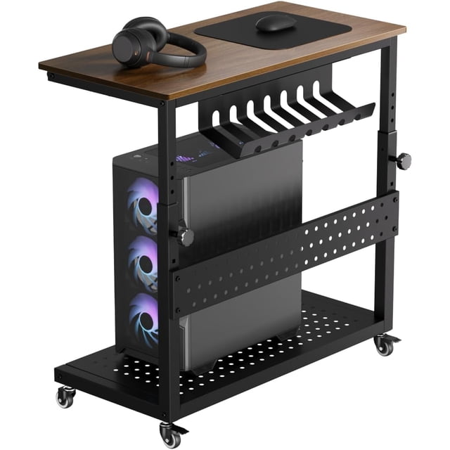 Support Tour d'Ordinateur Réglable avec Rack de Gestion des Câbles, Chariot Support de CPU à 2 Niveaux sur Roulettes avec Roues Verrouillables pour sous le Bureau, Noyer