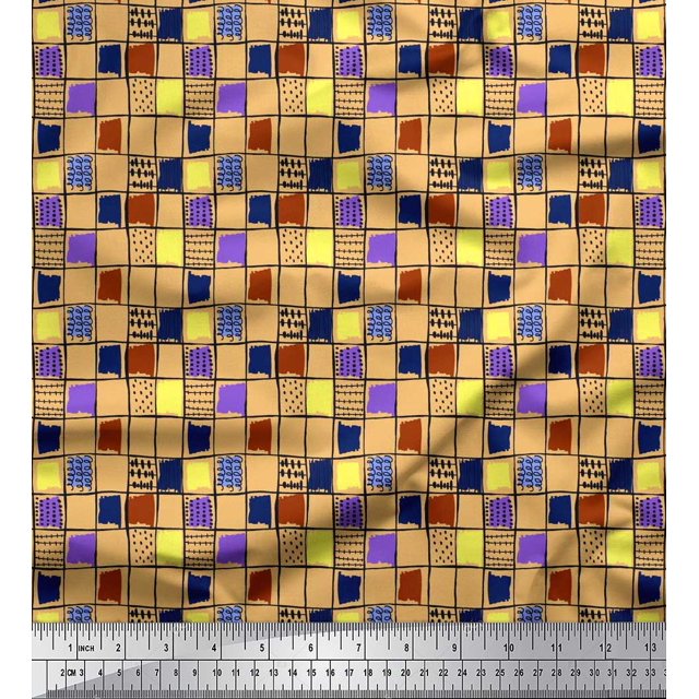 Soimoi Modal Satin Fabric Check & Brush Stroke Abstract Print Fabric by The Yard 42 Inch Wide