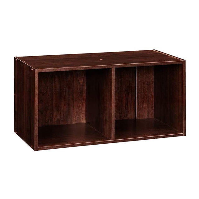 ClosetMaid Decorative Stackable 2-Cube Cubeicals Organizer Storage in dark cherry finish. This compact organizer features two open storage cubes with a sturdy, thick frame and a back panel. It can be displayed vertically or horizontally and is suitable for holding decorative items, toys, media, or office supplies. Dimensions are 24.13 x 11.63 x 12.5 inches.