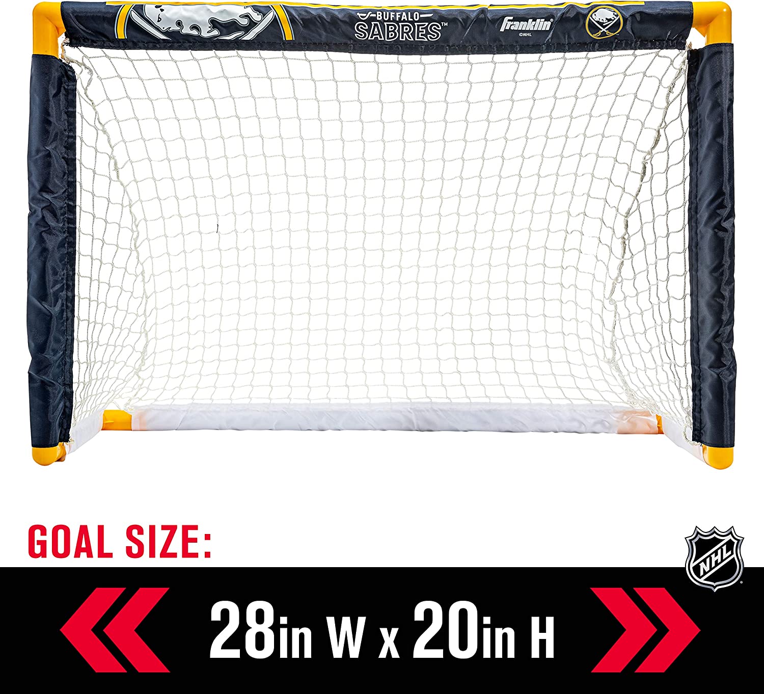 Franklin Sports Ensemble de mini hockey Sabres de la NHL – But de hockey intérieur pour enfants, ballon, 2 mini bâtons de hockey