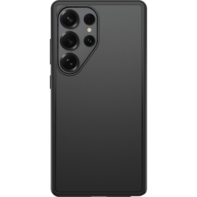 OtterBox Symmetry Magnets Case Black for Samsung Galaxy S25 Ultra featuring a slim matte black back with raised edges around the quad-camera cutout, built-in magnets for up to 15W Qi2 wireless charging, and anchors for attaching straps or charms, suitable for secure protection and personalized use.