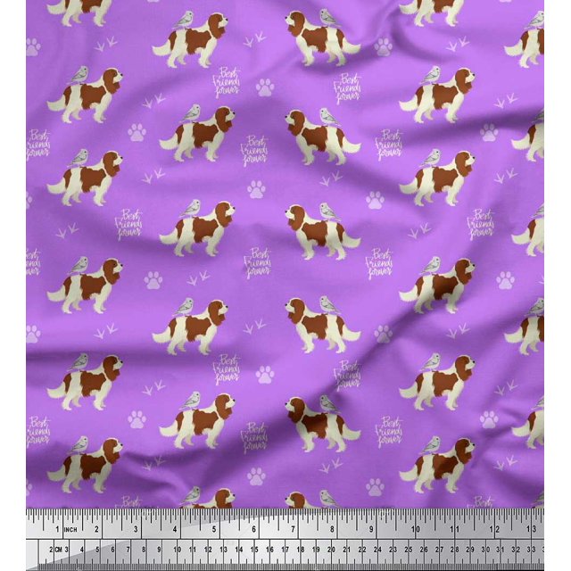 Soimoi Purple Moss Georgette Fabric Bird,Paw & Cocker Spaniel Dog Decor Fabric Printed Yard 42 Inch Wide