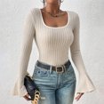 thumbnail image 4 of AherBiu Crop Tops for Women Ribbed Flare Long Sleeve Square Neck Slim Tight Basic Spring Shirt Blouse, 4 of 7