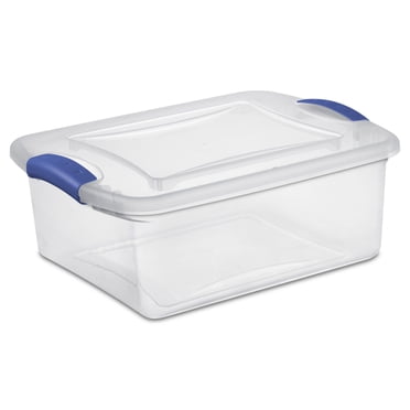 Sterilite Boîte à loquets de 14 litres, petite boîte de rangement en plastique transparent avec couvercle et loquet bleu