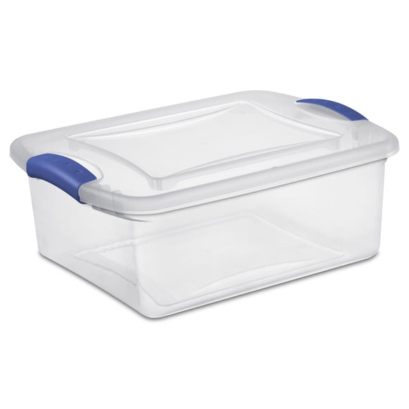 Sterilite Boîte à loquets de 14 litres, petite boîte de rangement en plastique transparent avec couvercle et loquet bleu