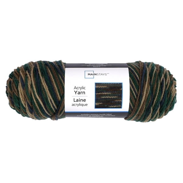 Mainstays Écheveau de Fil Acrylique dans un Mélange Multicolore de Vert, Brun, beige et Bleu Marine, Fil Acrylique Classique de Poids Moyen 4 avec une Étiquette Blanche Montrant un Échantillon de Tricot et un Nom de Marque, Convient au Tricot à la Main et au Crochet de Vêtements, d'Accessoires et aux Projets de Déco Maison.