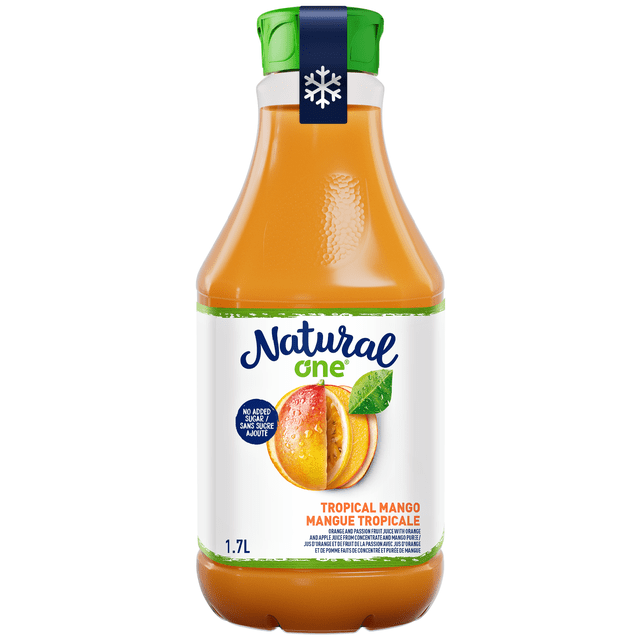 Natural One Tropical Mango Juice 1.7 L bottle with vibrant orange juice, green cap, and white label showing sliced mango and orange fruit, highlighting 100% fruit juice with no added sugar or preservatives, made in Brazil, ideal for natural fruit juice blends.