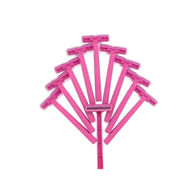 100 disposable pink twin blade razors for women, designed for a close and smoother shave. The image shows several razors fanned out, highlighting their lightweight plastic handles and dual-blade heads. Suitable for personal grooming or wholesale bulk purchases.