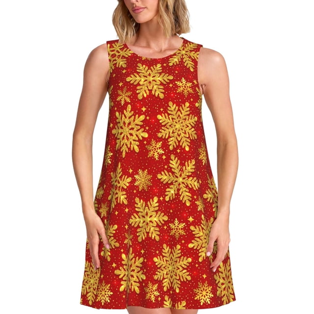 Xecao Noël avec Flocons de Neige Dorés pour Robes d'Été pour Femmes Robes Décontractées de Plage Cache-Maillots Robe T-Shirt Sans Manches Évasée avec Poches