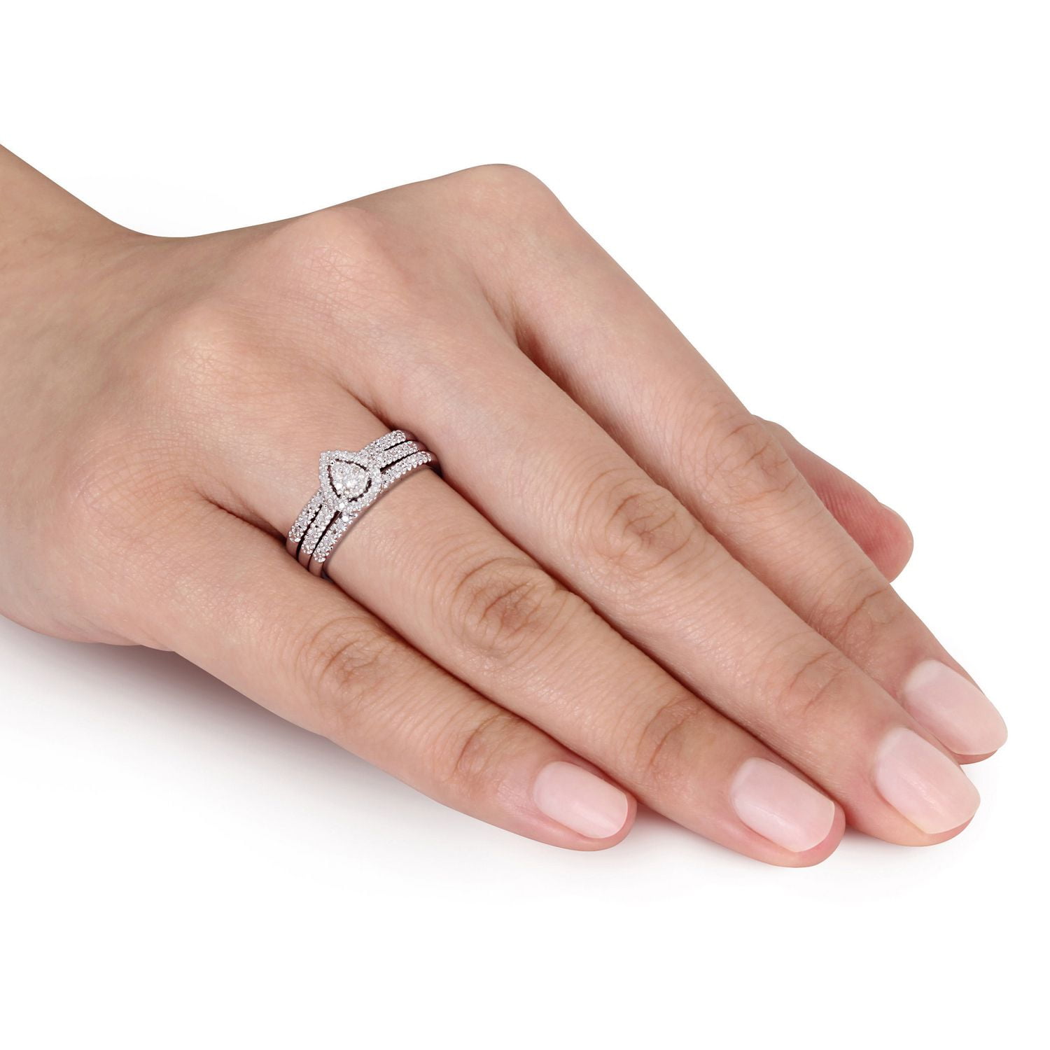 Ensemble de mariage de 3 morceaux forme auréole Miabella avec agglomération de diamants de forme poire 1/4 CT poids total en argent sterling
