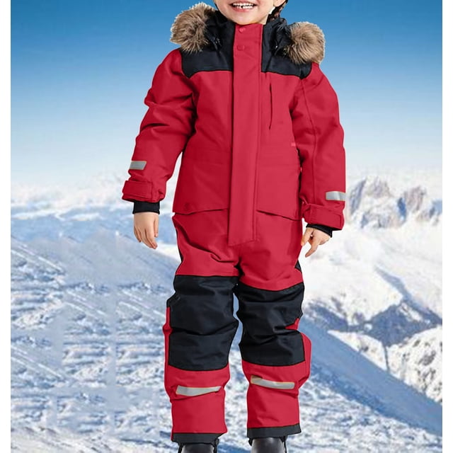 Kids Girls Boys Colorful Siamese Snowsuits Ski Suits Jackets Winter Jumpsuits in a red and black patchwork design with faux fur-trimmed hood, long sleeves, zipper closure, and reflective accents. Ideal for winter activities like skiing, snow play, or hiking, displayed against a snowy mountain backdrop. Keywords: kids winter jumpsuit, ski suit for children.