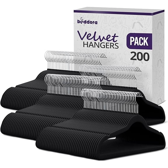 Beddora Cintres en Velours Noirs, Lot de 200, Velours Antidérapant, Design Mince, Crochet Rotatif à 360°, Organisateur de Vêtements Durable pour Adultes