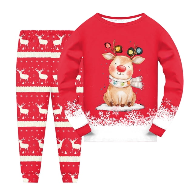 Splozh Ensemble de Pyjama en Coton Ajusté 2 Pcs Garçons et Filles Manches Longues Ensemble Pantalon Confortable Doux à la Mode Imprimé de Noël Ensemble de Pyjamas pour Enfants Rouge, 4-5 Ans