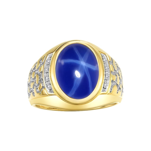RYLOS Men's Rings 14K Yellow Gold Nugget Ring with Cabochon Gemstone & Diamonds Blue Star Sapphie Rings For Men Size 10