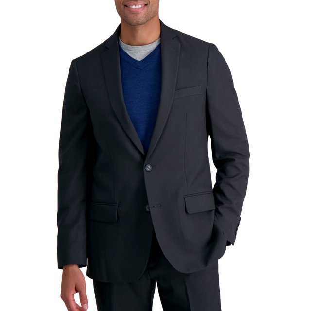 Haggar Smart Wash Veste de Complet Séparée en Charbon, Taille 44 Régulière. Cette Veste de Complet pour Homme Écologique Est Fabriquée à Partir de Fibres de Complet Durables en Repreve, avec une devant à Deux Boutons, des Revers Cranté et des Poches à Rabat. Conçue pour le style et le Confort, Elle Est Lavable à la machine pour un Entretien Facile.