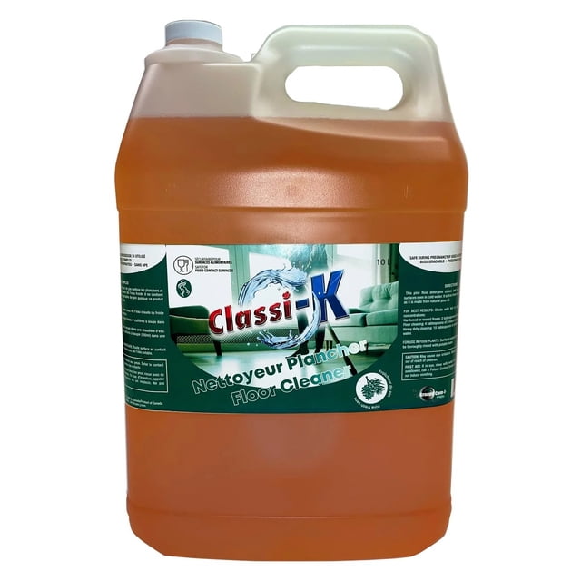 CLASSI-K Pine Floor Cleaner, 10L container with a sturdy handle and a green label featuring product details, including its phosphate-free formula and pine scent. Ideal for multi-surface cleaning in households.