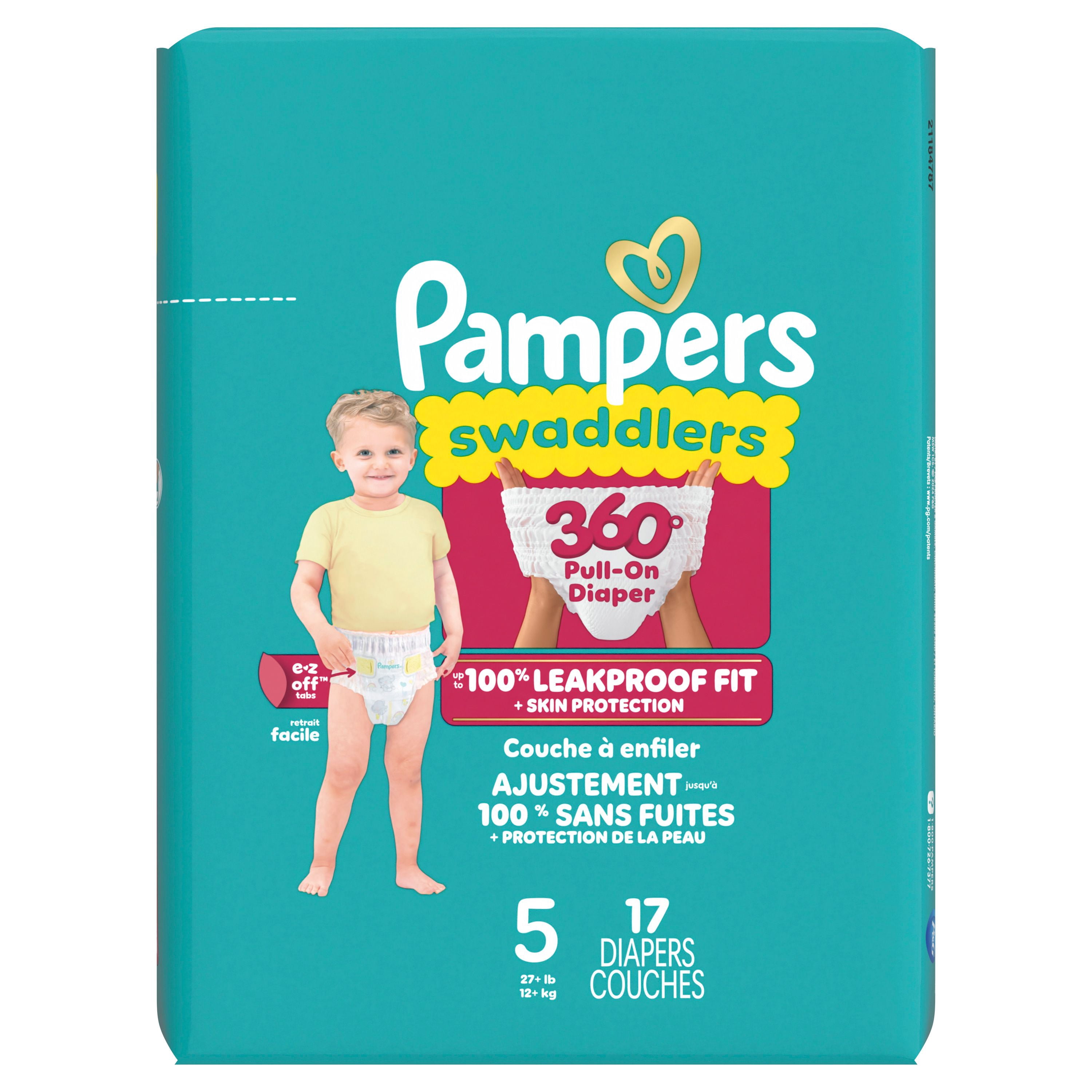 Pampers Diapers - Swaddlers 360° - Size 5, 17 Count, up to 100% Leakproof Comfy Dry Fit, EZ Off Tabs Designed for Easy Changes, Pull On Diaper