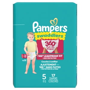 Pampers Couches - Swaddlers 360° - Taille 5, 17 Compte, jusqu'à 100% Comfy Sec Fit étanche, EZ Tabs off conçus pour les changements faciles, tirer sur la couche