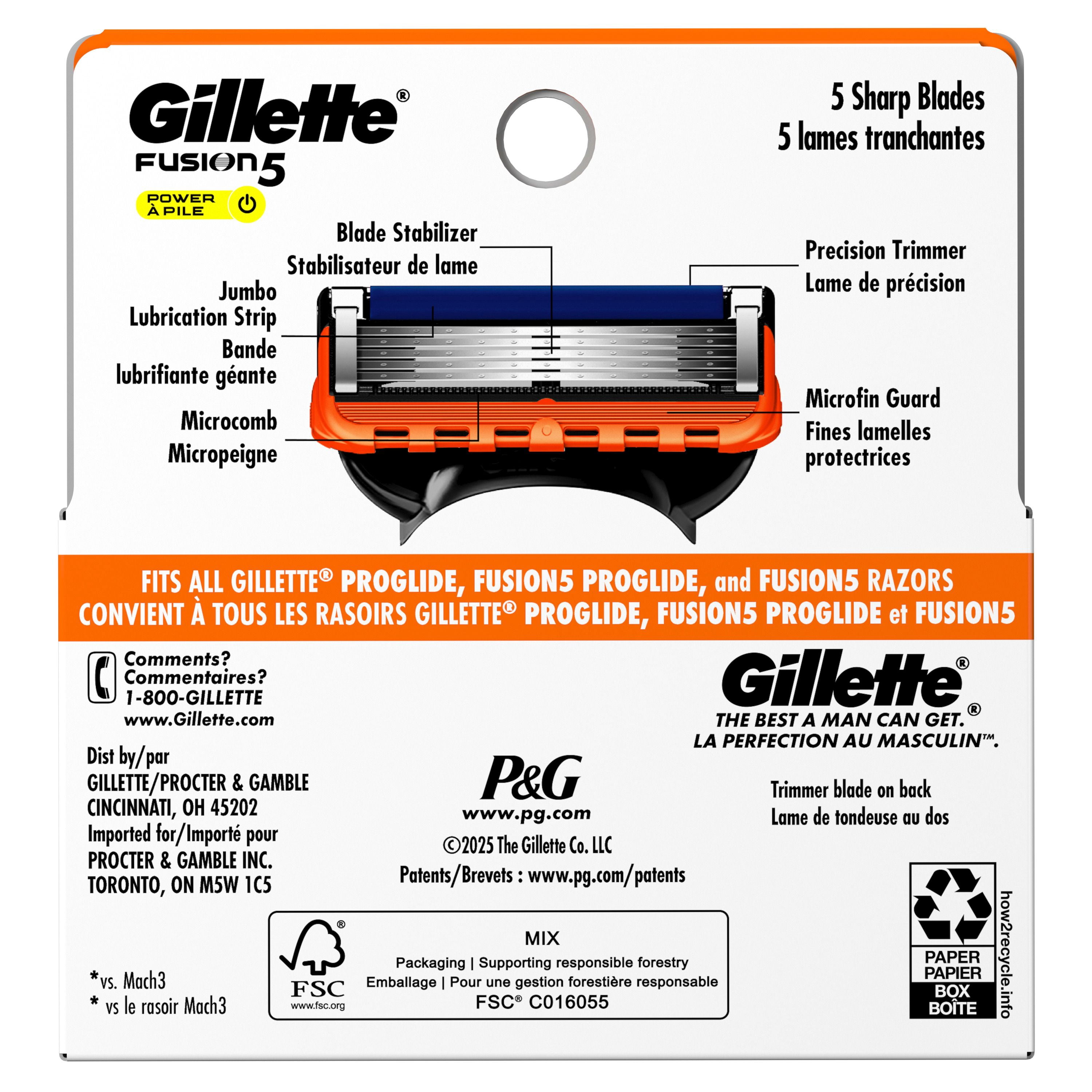 Gillette Fusion5 Power Recharges de Rasoir pour Hommes Cartouches de Rasoir, Bande Lubrifiante Plus Grand, Tondeuse de Précision, Lames de Rasoir à 5 Lames pour un Rasage de Près