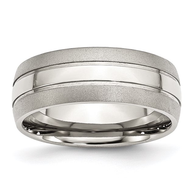 Stainless Steel Grooved 8mm Brushed and Polished Band Ring 13 Size