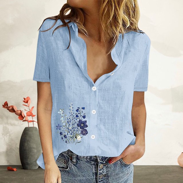 Mefallenssiah Femmes Imprimer Manches Courtes Bouton en Vrac Col Rabattu Chemise Blouse Solide tops