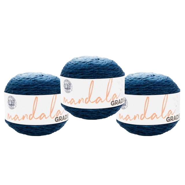 Lion Brand Mandala® Gradient Yarn #4 Medium/Worsted Yarn 150g/270m 3-Pack featuring three skeins of blue ombré gradient yarn made of 90% acrylic and 10% nylon, each with a white label displaying orange and black text, suitable for knitting, crochet, and crafting home décor.