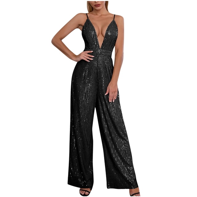 FAIWAD Women's Sequins Jumpsuits Deep V Neck Spaghetti Strap Sleeveless Rompers Wide Leg Cocktail Party Jumpsuit
